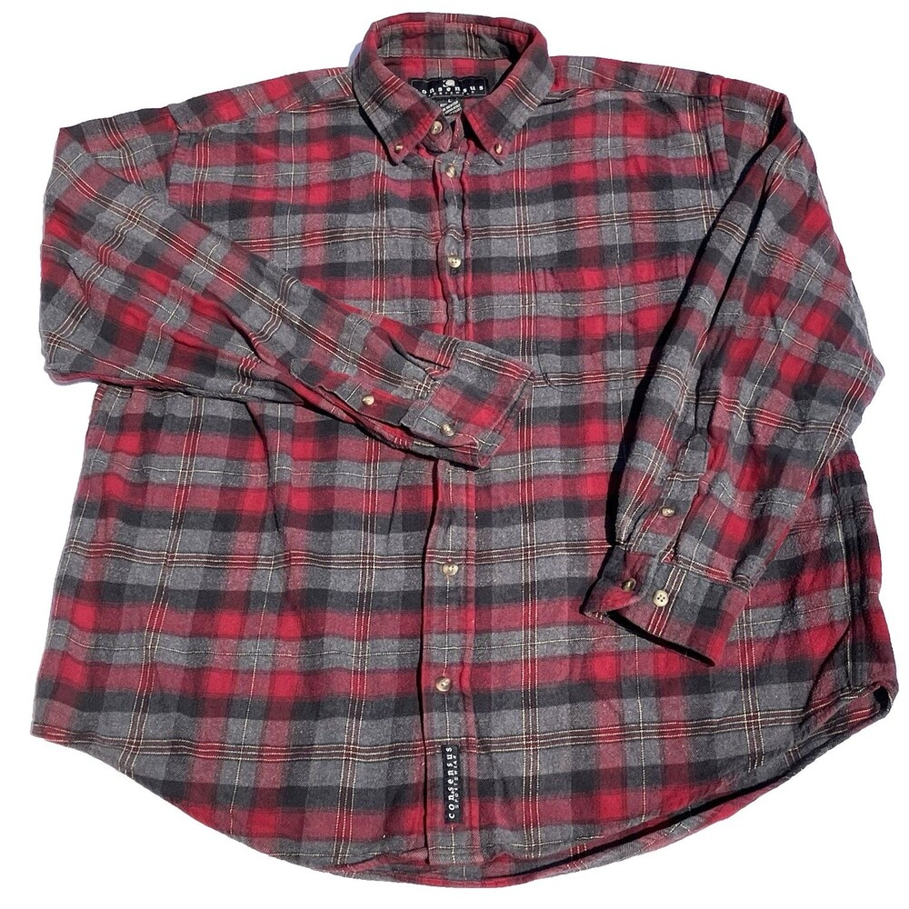 Consensus Sportswear Flannel Shirt L Plaid Red Gray 100% Cotton Lumberjack